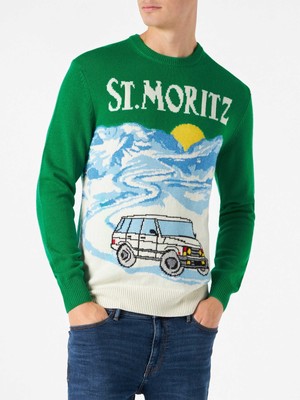 Pre-owned Mc2 Saint Barth Man Green Sweater With St.moritz Postcard Print