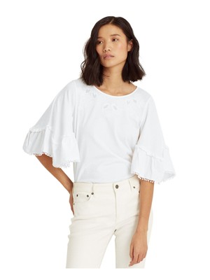 

Женский белый топ RALPH LAUREN с застежкой-капелькой и рукавами до локтя с круглым вырезом