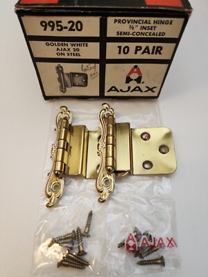 NOS Pair Ajax Cabinet 3/8'' Inset Provincial Hinge Ivory & Brass w/Screws 995 C36