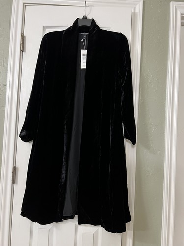 Pre-owned Eileen Fisher Pp $438  Black Velvet Shawl Collar Long Jacket Coat