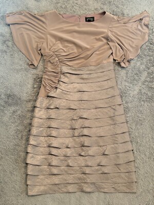Adrianna Papell Dress Womens 8 Beige Ruffles Sleeveless Tiered Sheath Dress