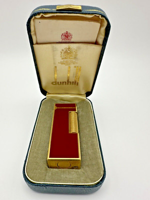 Vintage Dunhill Gas Lighter in Original Case w/ Papers Red Enamel Gold Tone RARE