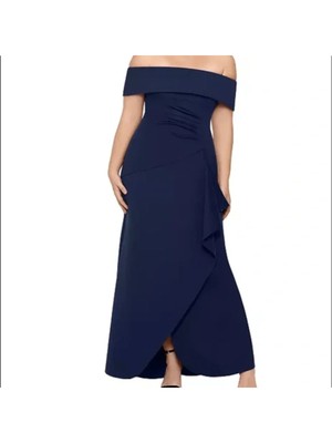 

XSCAPE Женское темно-синее платье с каскадом и рюшами на подкладке с короткими рукавами плюс, Navy