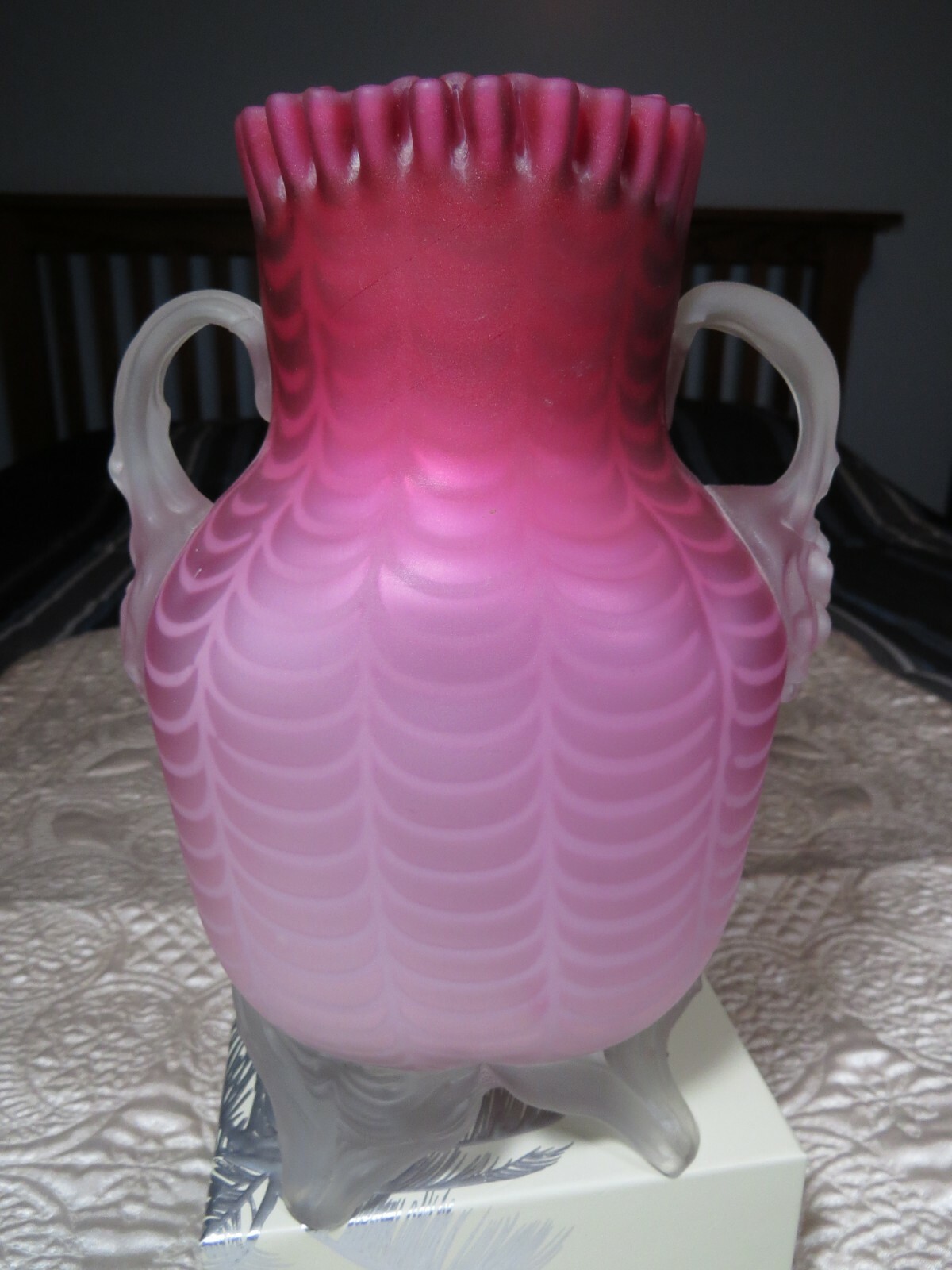 RARE VICTORIAN MAGENTA ART GLASS SATIN  MOTHER OF PEARL VASE LARGE CANDY RIBBON