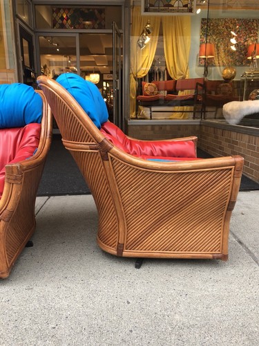 Mid-Century Pair Rattan Bamboo Swivel  Arm Chairs