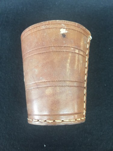 Vintage Brown Leather Stitched Dice Shaker Cup 3.5” Tall & Drink Coaster