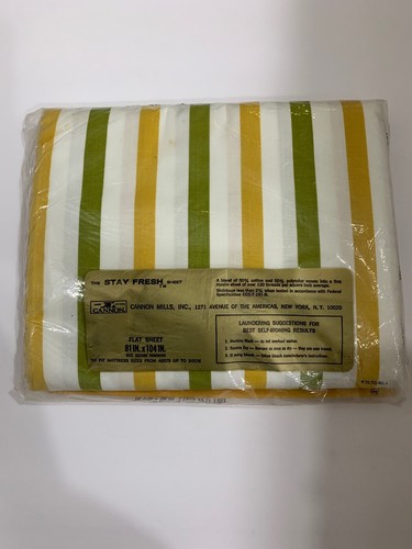 Vtg Cannon Monticello Full Army Yellow Green White Stripe Flat Sheet 81” 104”