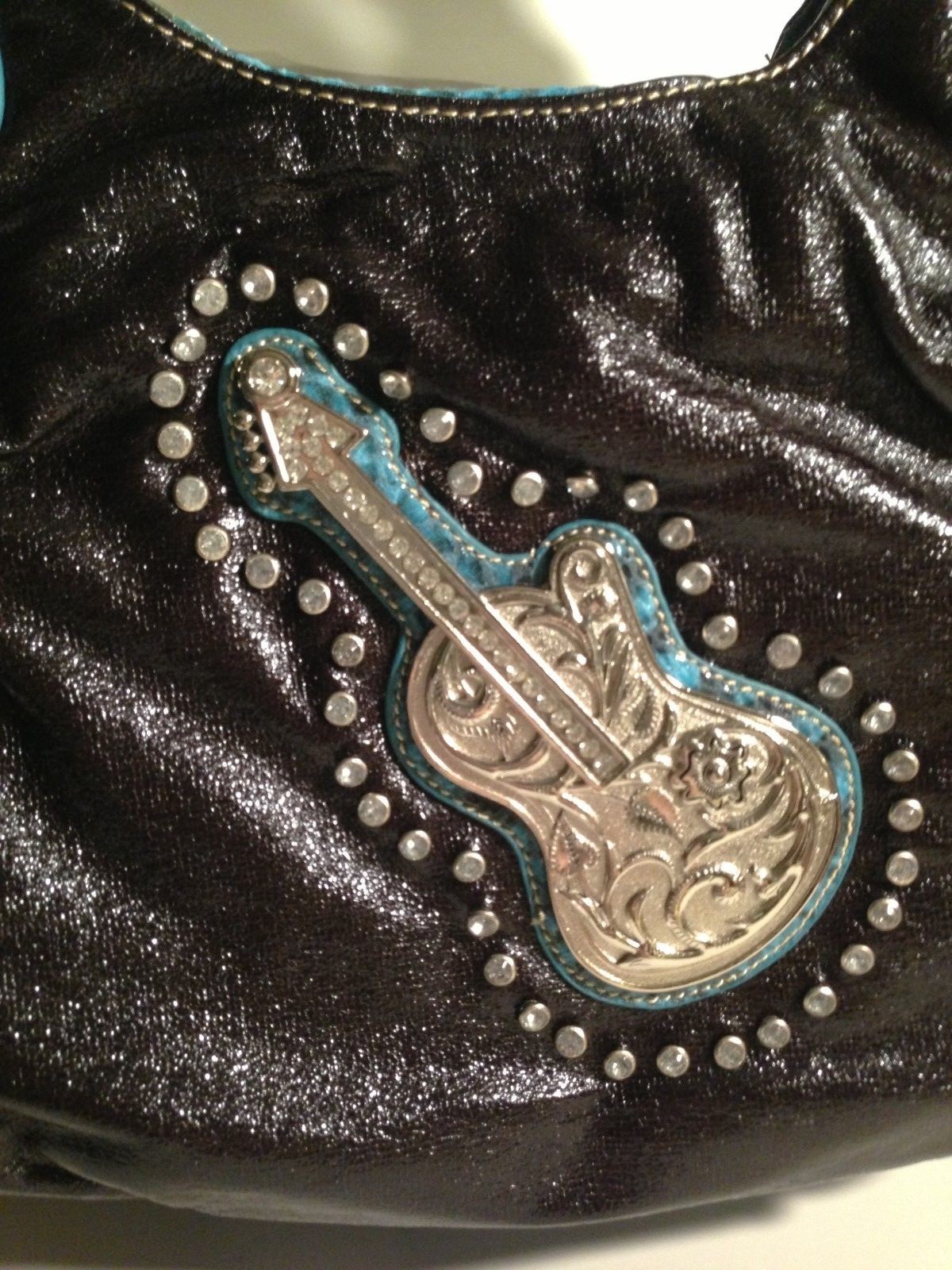 LADIES SILVERGUITAR HANDBAG - TURQUOISE & BLACK  w/  CRYSTAL - NEW -  SHIPS FREE