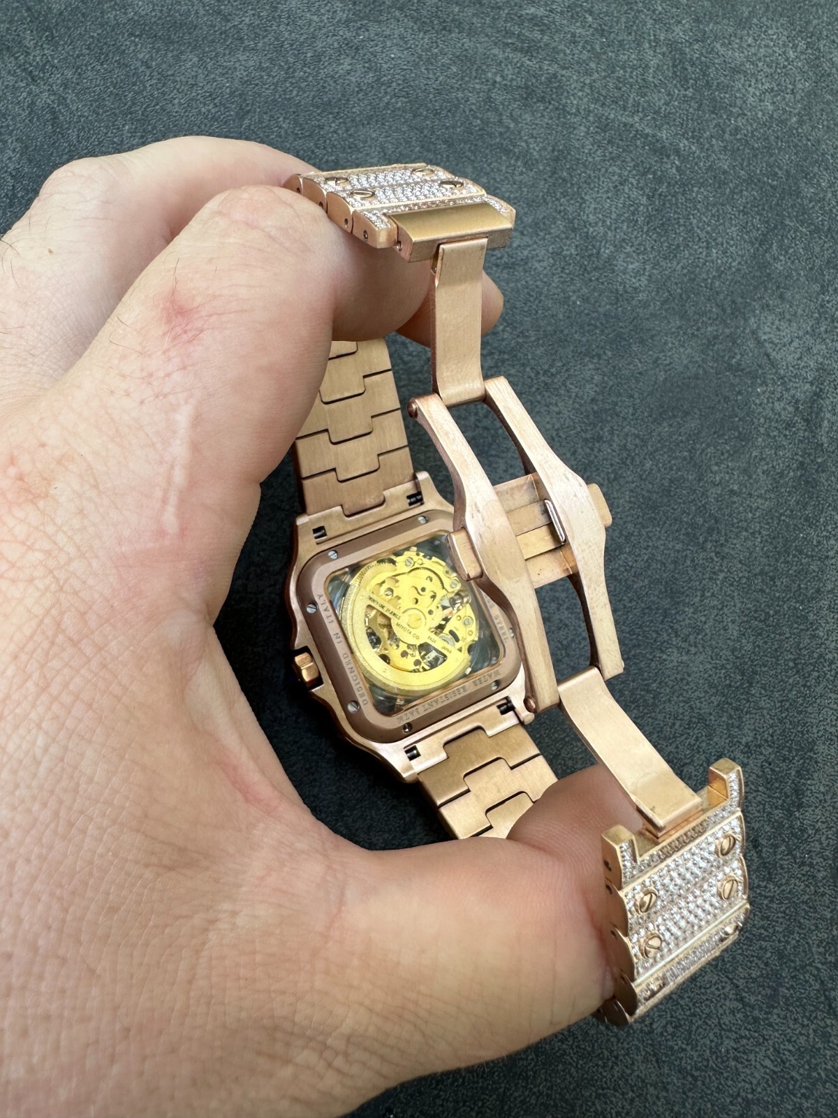 Pre-owned Hip Hop Real Mens Moissanite 14k Rose Gold Watch Iced Automatic Movement Hiphop Skeleton