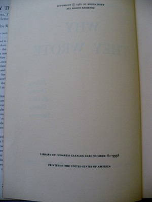 Hoff, Rhoda WHY THEY WROTE, HC, 1961, Dust Jacket