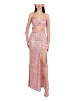 

Женское розовое вечернее платье B DARLIN с перекрученным вырезом спереди и разрезом до середины талии для юниоров, Розовый