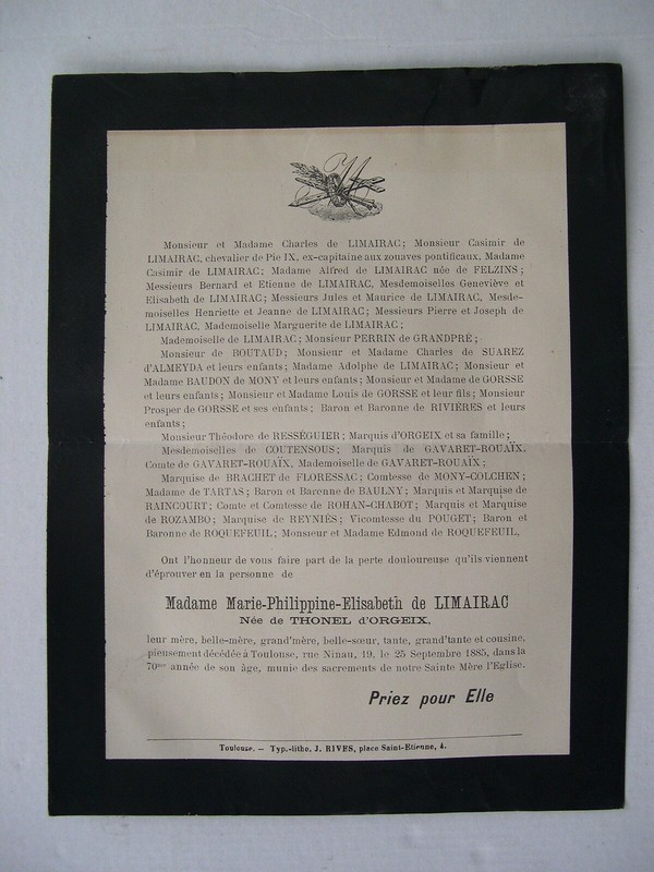 Faire Part Deces 1885 Marie Philippine Elisab De Limairac NÃ©E De Thonel D'Orgeix
