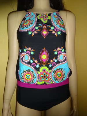 Badeanzug Tankini – Look schwarz-bunt 38 Rainbow bonprix Ballonform NEU!