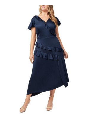 ADRIANNA PAPELL Womens Navy Asymmetrical Hem Lined Maxi Dress Plus 18W
