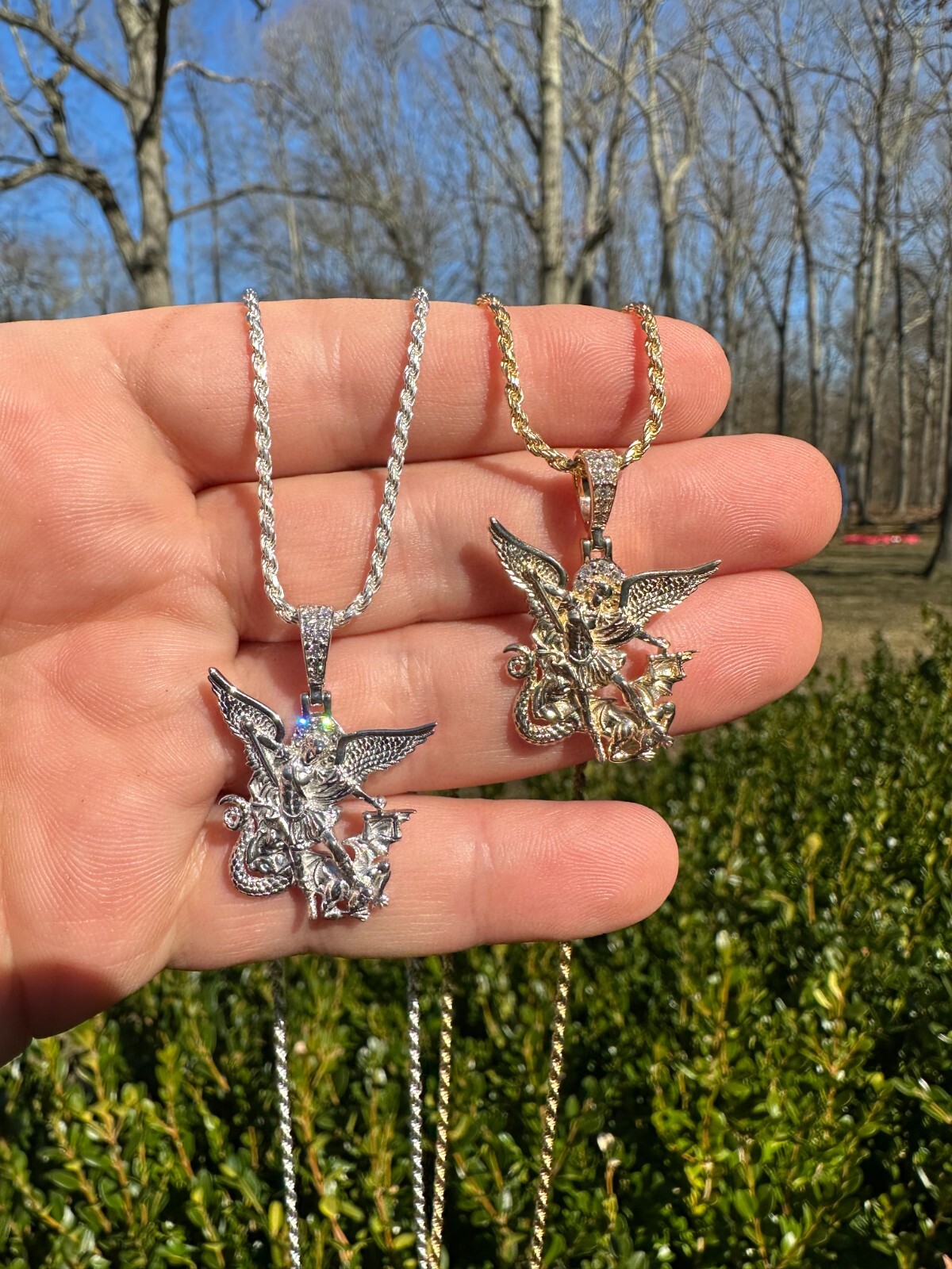 Pre-owned Hip Hop Real Diamond Saint Michael Archangel Pendant Solid 14k Gold Necklace Pendant In White