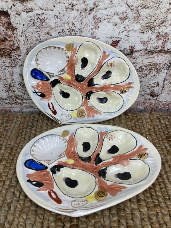 Set of 2 Antique Union Porcelain Works, N.Y. Oyster dishes. Hand painted 9x6.5in