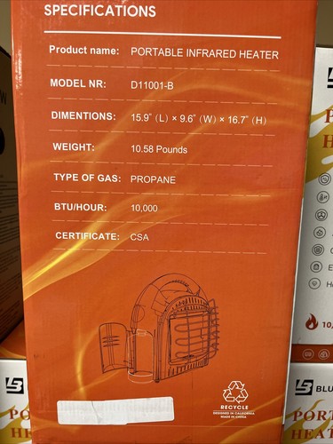 BLUU 10,000 BTU Portable Infrared Heater Propane Heater Auto Temp Controlled New