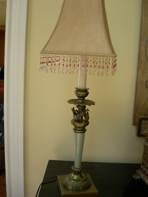 RARE Vintage Stiffel Celadon Green Swan Motif Antique Brass Lamp W Beaded Shade