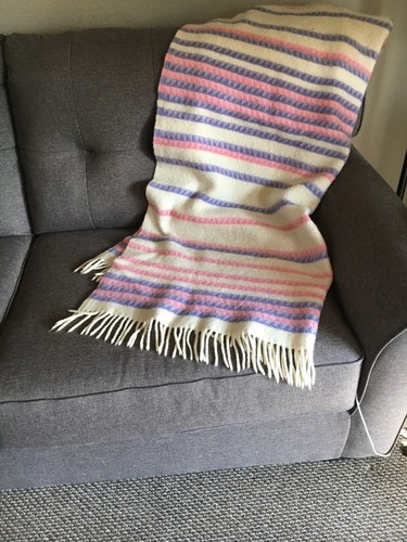 Vintage Eskimo Of Switzerland Wool Blanket Pink Purple Stripe Fringe 62 X 44