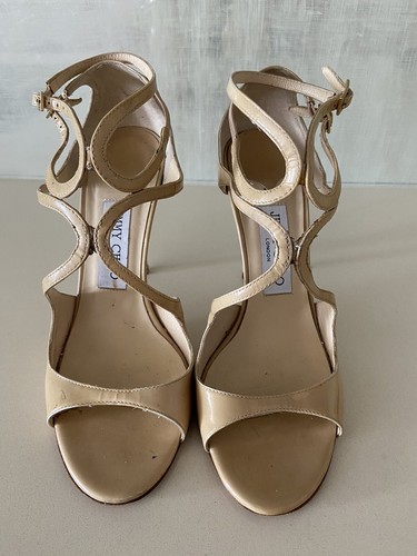 Jimmy Choo LANG Tan Patent Leather High Heel Sandals Pumps