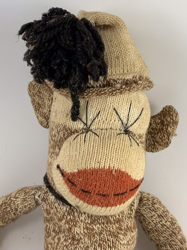 Vintage Brown & Off White Red Heel SOCK MONKEY With Hat