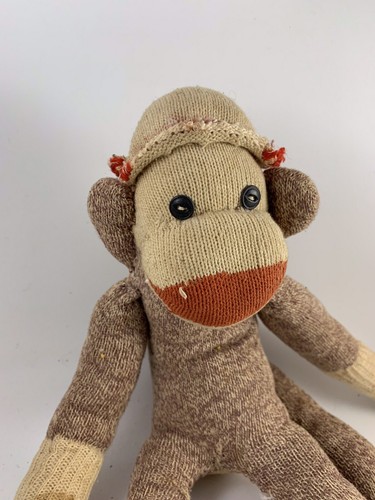 Vintage Brown & Off White Red Heel SOCK MONKEY With Hat & Button Eyes