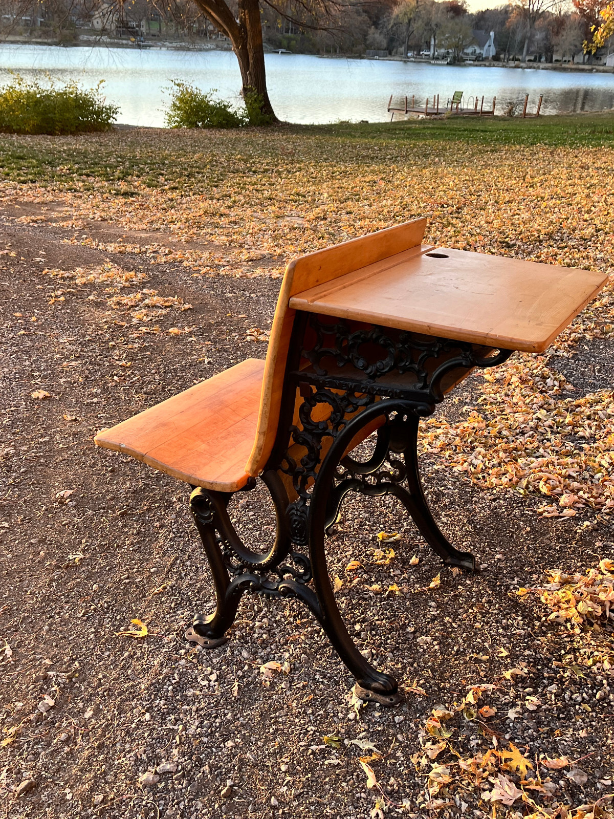 Antique New Caxton Student School Desk, Cast Iron Legs Antique New Caxton Student School Desk, Cast Iron Legs