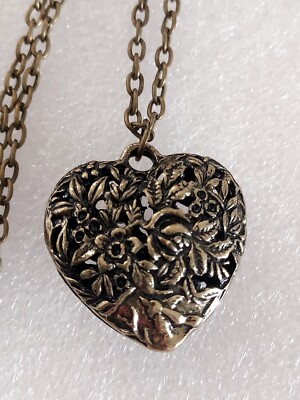 Exquiste Antique Look Hallow Bronze Heart Shape Pendant Necklace  Floral