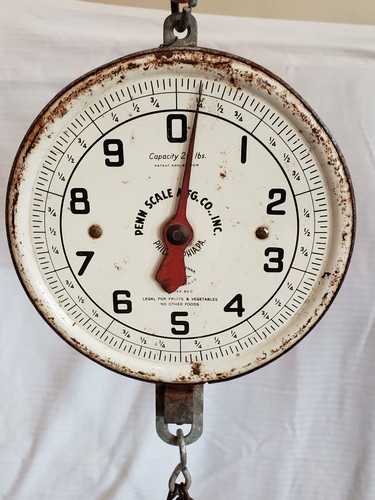 VINTAGE ANTIQUE BLUE PENN SCALE CO HANGING PRODUCE SCALE WITH SCOOP