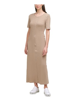 

DKNY Женское бежевое платье макси с круглым вырезом из смесового хлопка с рукавами до локтя, Бежевый