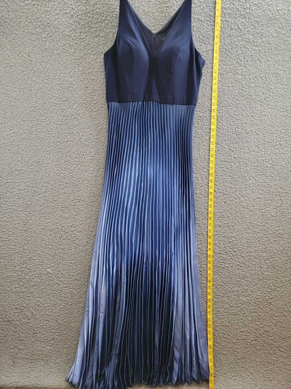 AQUA Pleated Shimmer Mixed Media Gown Women's 16 Navy/Blue V-Neck Back Zipped - Picture 7 of 15