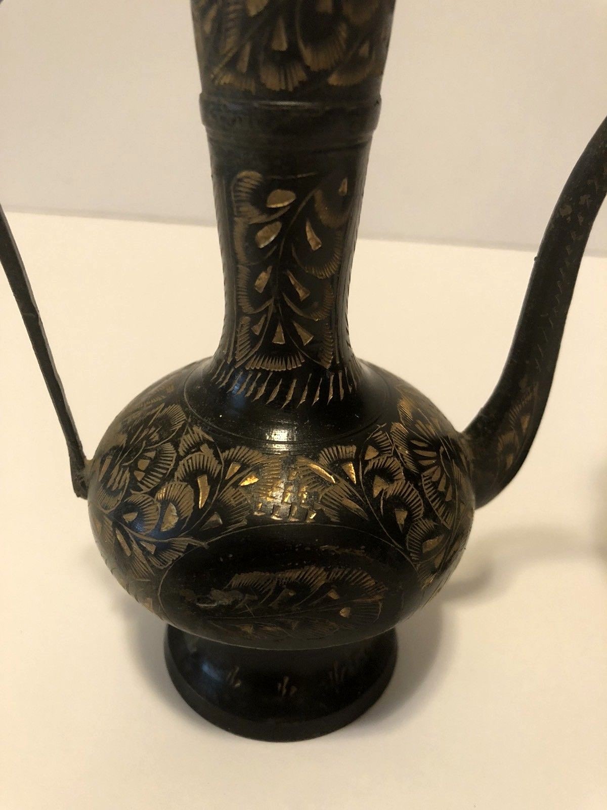 Vintage Matching Etched Black Over Brass Small Teapot And Ruffled Top Bud Vase