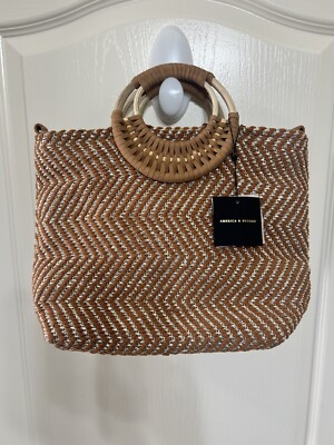 NWT America & Beyond Tote - Brown With Metallic Thread Design - Wooden Handles