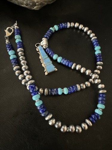 Pre-owned Handmade Mens Blue Turquoise Lapis Opal Pendant Navajo Sterling Silver Necklace 20" 17896