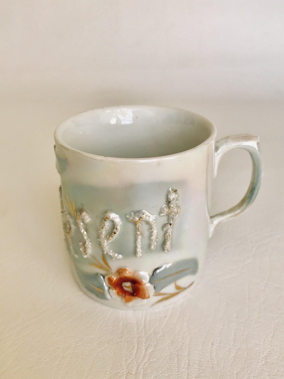 Antique Pretty Cup Mug Luster Porcelain Floral Raised Texture “Present” Germany