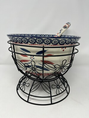 Temp-tations blue Old World 4.5 qt. Bowl w/Wire Stand Serving Spoon 820027 NEW