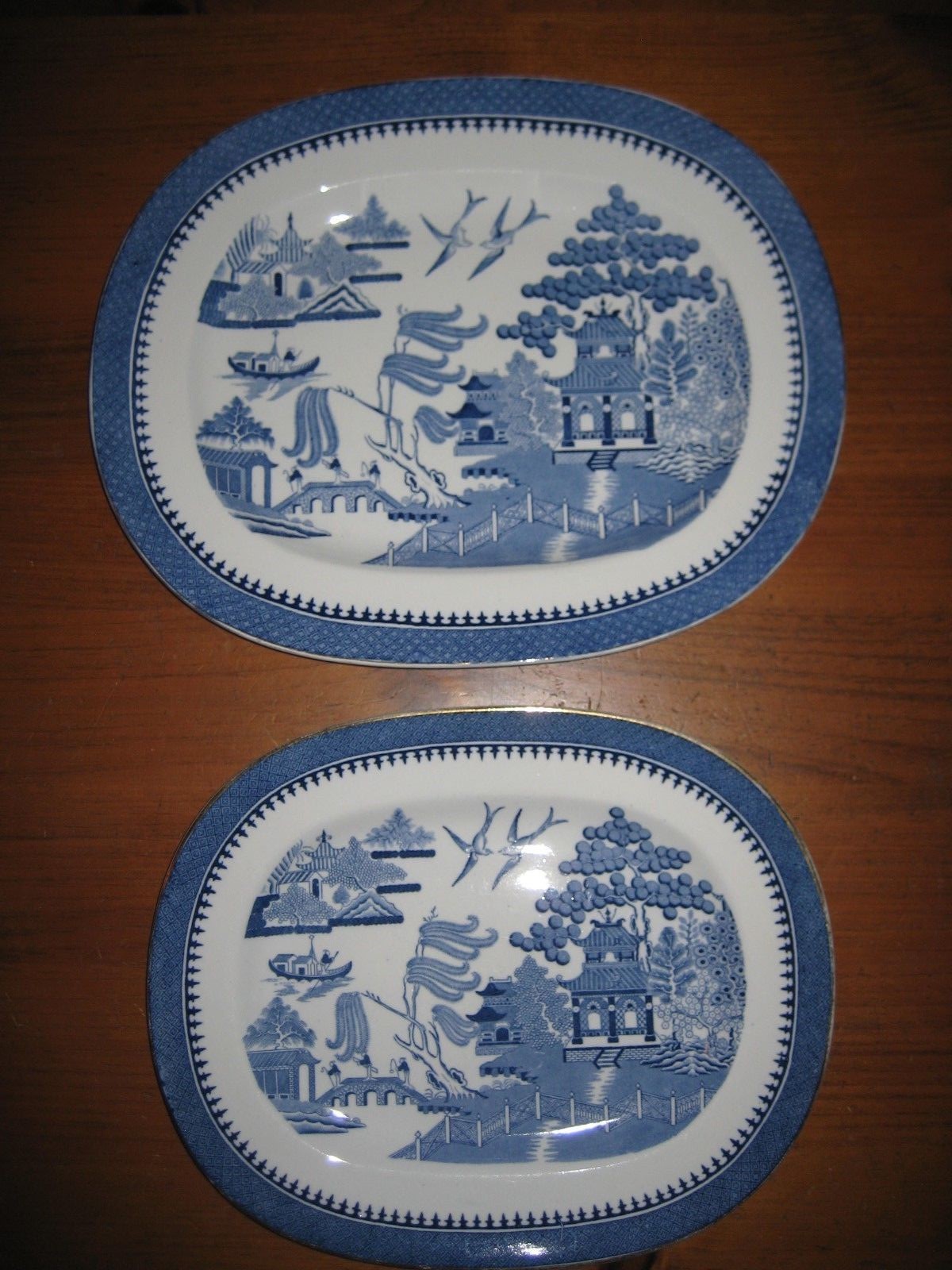 2 ANTIQUE BLUE & WHITE PLATTERS MINTON WILLOW FOR WARING & GILLOW C1914