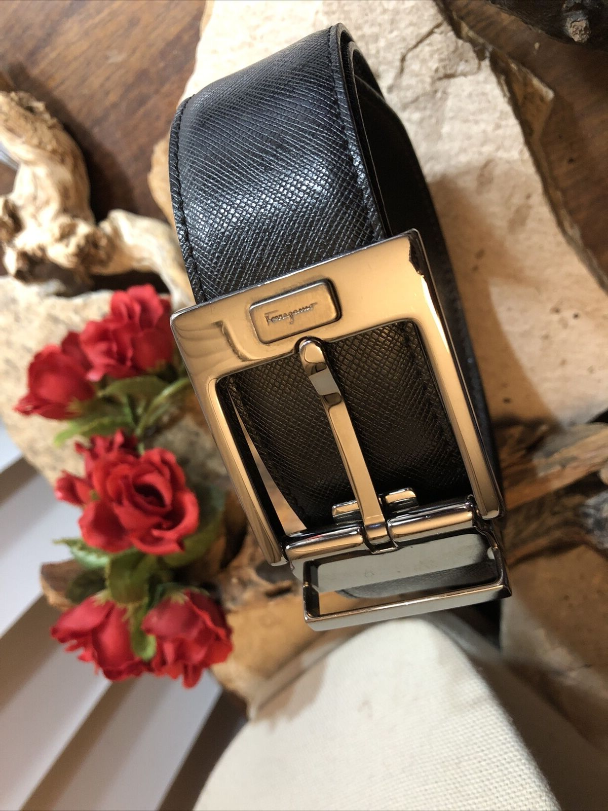 Salvatore Ferragamo Gun Metal tone Rectangle Buckle black