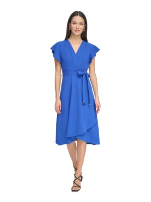 DKNY Womens Blue Self-tie Belt Flutter Sleeve Midi Faux Wrap Dress 8