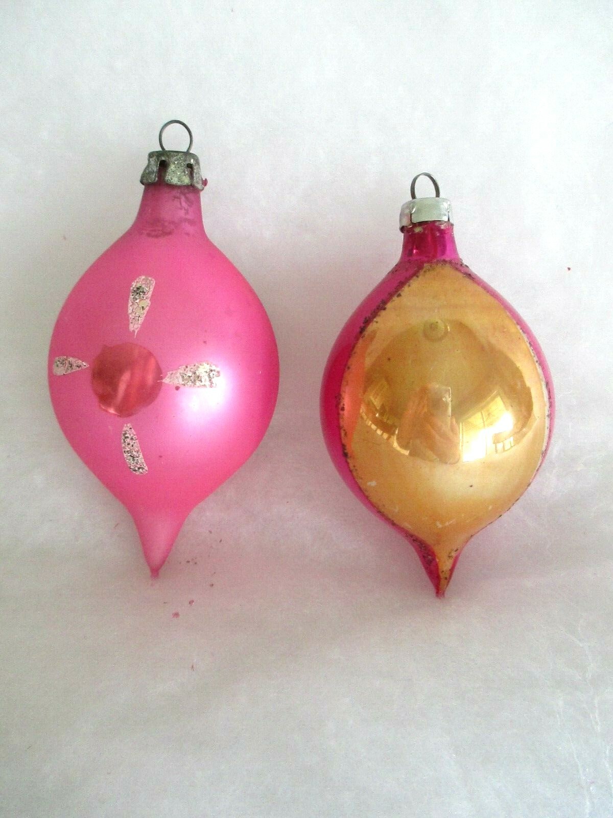 2 VTG XMAS TEARDROP ORNAMENTS--POLAND/W.GERM--MICA/STENCIL--DEEP INDENTS