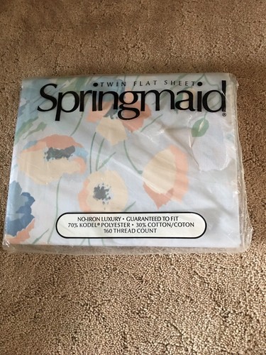 Vintage Springmaid No Iron Light Blue Floral  Twin Flat Sheet 66x96