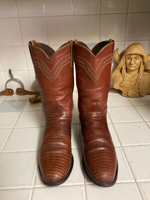 Justin Exotic Lizard Western Boot Cowboy Size 4 C Brown Round Toe Roper