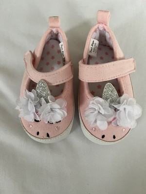 First Steps Baby Girl Pink And Whit Unicorn Shoes 6-9 Mon Brand New