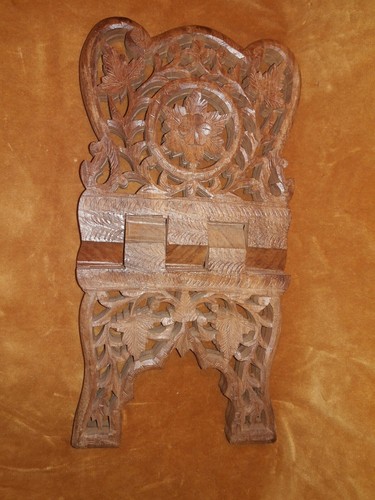 Collapsible Wooden Wood Book Indian Bible Holder Ornate Leaf Flower Stand