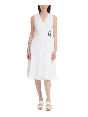 

CALVIN KLEIN Женское белое официальное платье миди без рукавов с поясом и пряжкой, Белый