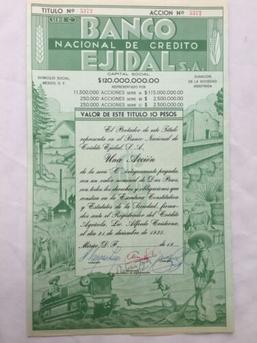 Mexico: Banco Nacional de Credito Ejidal S.A. shares, 1935, art deco