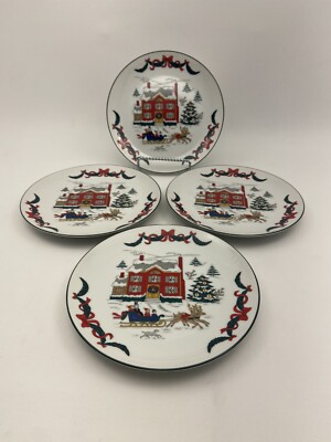 Holiday Magic porcelain cake plates winter sleigh ride scene 4 in box Japan