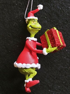 Dr Seuss The Grinch w/ Red Glitter Gift  Hallmark Christmas Ornament Resin NWT  