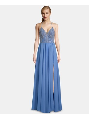 Женское синее вечернее платье-футляр на тонких бретельках BETSY & ADAM в полный рост 6