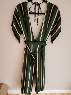 FAITHFULL THE BRAND NWT Green Striped Halter Belted Backless Jumpsuit Size 4